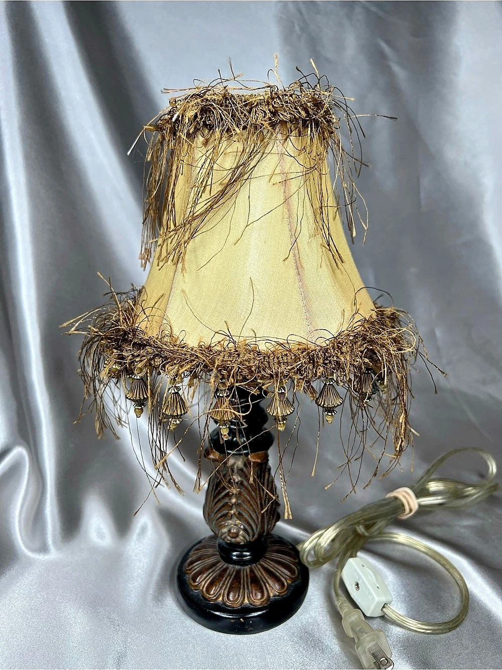 Ornate Table Lamp with Fringed Shade in Brown & Gold